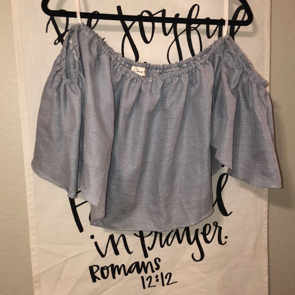 Blue and white off the shoulder crop top
